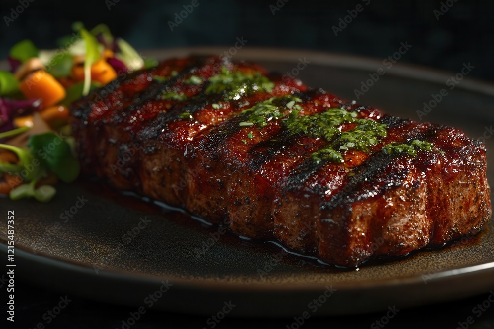Grilled bife de chorizo steak with chimichurri sauce and salad on plate Grilled bife de chorizo steak with chimichurri sauce and salad on plate