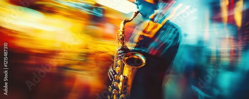 Blurry jazz abstract with male saxophonist in vibrant colors