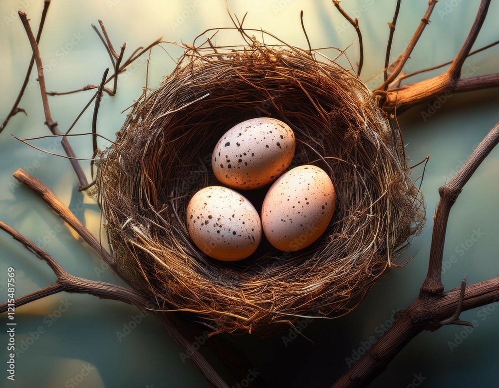 Obraz premium three speckled eggs resting in a nest made of twigs on a tranquil background