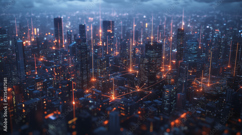 Fototapeta premium Smart digital Innovation city with connection network reciprocity over the twilight cityscape. of future smart wireless digital city and social media networking systems that connects people with city