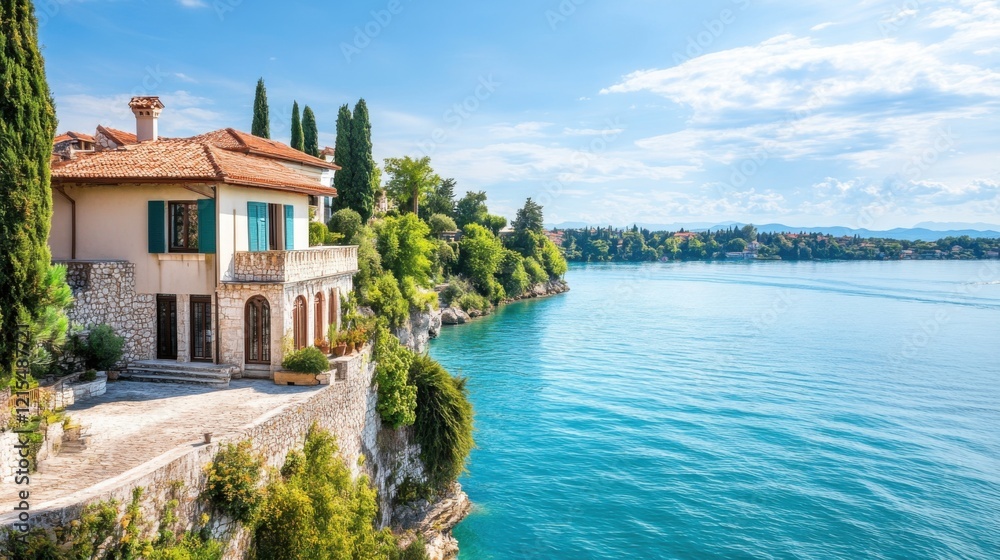 Obraz premium Scenic Lakeside Villa with Elegant Architecture Surrounded by Lush Greenery and Clear Blue Water