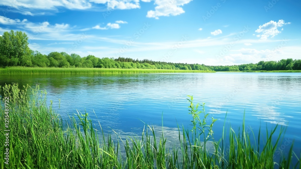 Obraz premium Tranquil lake with lush greenery and clear blue sky