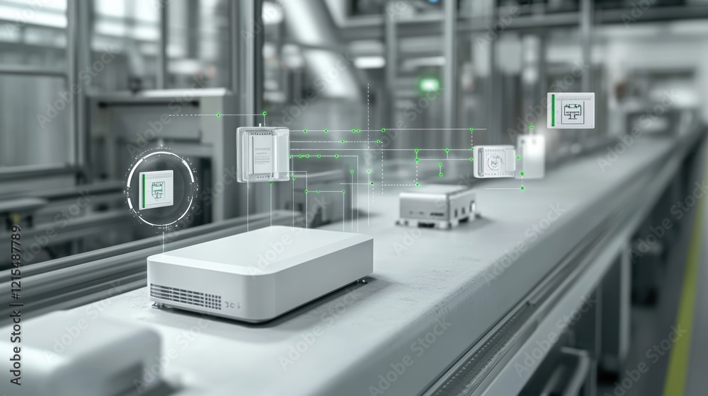 Electronic components moving on a smart factory conveyor belt with an augmented reality circuit diagram showing the connections and data flow, symbolizing automation and industry 4.0 Electronic components moving on a smart factory conveyor belt with an augmented reality circuit diagram showing the connections and data flow, symbolizing automation and industry 4.0