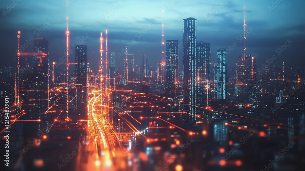 Smart digital Innovation city with connection network reciprocity over the twilight cityscape. of future smart wireless digital city and social media networking systems that connects people with city Smart digital Innovation city with connection network reciprocity over the twilight cityscape. of future smart wireless digital city and social media networking systems that connects people with city