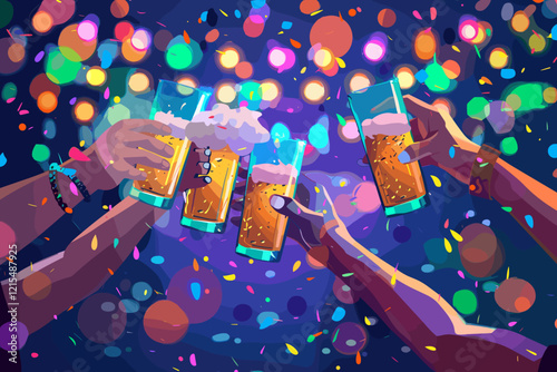 Friends Clinking Beer Glasses at a Night Party with Colorful Lights