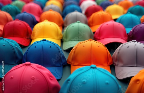 Colorful baseball caps without logos patterns. Many different bright colors. Variety of colors on display. Collection of blank caps. Great for promotional use fashion design. Trendy accessory.