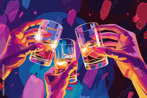 Friends toasting with bourbon whiskey at a night party, vibrant colors and joyful atmosphere after a long workday celebration