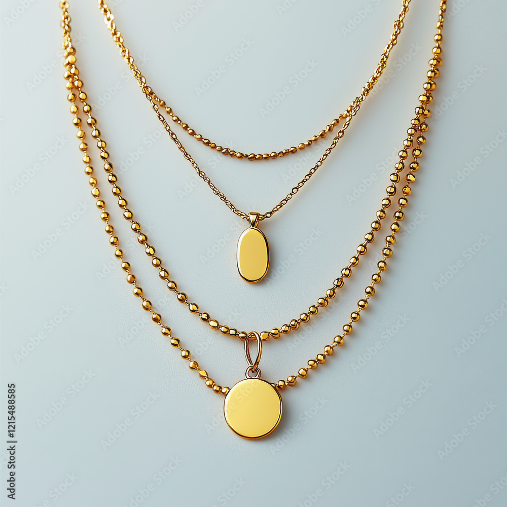 Stylish layered gold necklaces featuring chains, pendants, and beads set against a clear white background Stylish layered gold necklaces featuring chains, pendants, and beads set against a clear white background