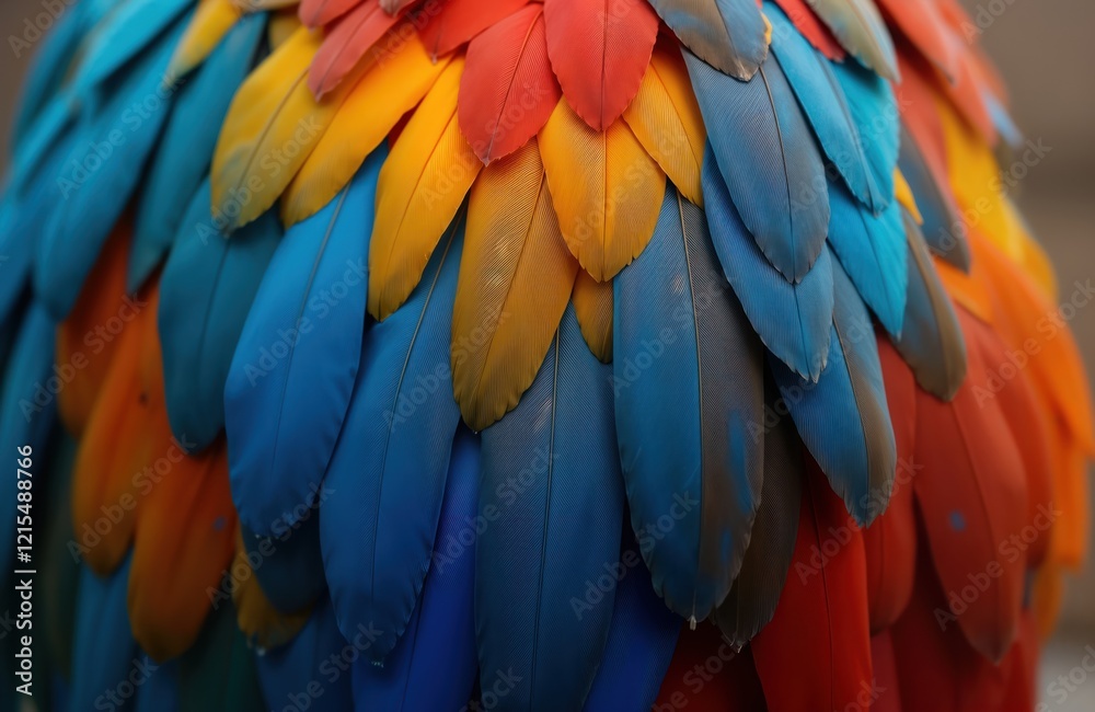 Obraz premium Closeup view of colorful bird feathers. Vivid hues of blue red, yellow feathers. Natural texture, pattern. Detail view of plumage. Softness, beauty in nature. Decorative, ornamental design. Suitable