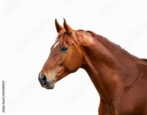 side view of a chestnut horse standing with a calm demeanor the horse is isolated on a white background showcasing its muscular build and natural elegance