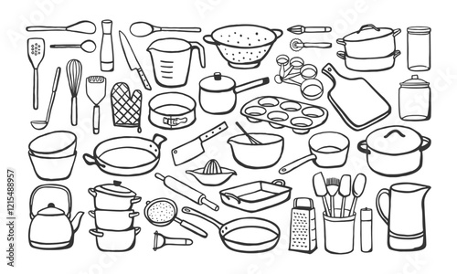 Hand drawn simple cookware set. Black and white illustrations of different kitchen utensils in sketch style
