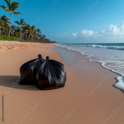 Wallpaper Mural A scenic beach with waves crashing against the shore, partially marred by black garbage bags filled with litter, emphasizing the need for coastal preservation. Torontodigital.ca