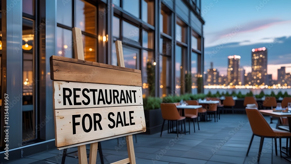 Fototapeta premium Restaurant Property for Sale with Board Display Perfect for Real Estate Advertising and Stock Photo Buyers in the Property Market