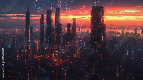 Wallpaper Mural Smart digital Innovation city with connection network reciprocity over the twilight cityscape. of future smart wireless digital city and social media networking systems that connects people with city Torontodigital.ca