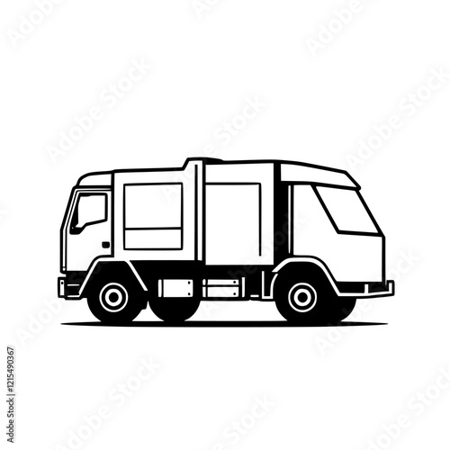 Garbage Truck: City Sanitation and Waste Management Vehicle.  A black and white illustration of a refuse truck, highlighting its role in urban cleanliness and recycling programs.