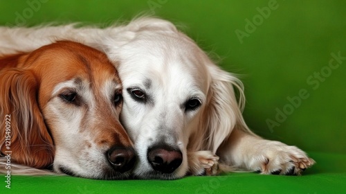 Two close dogs resting on green background in peaceful moment