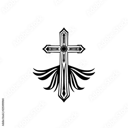 Ornate Cross with Wings: A Symbol of Faith and Spirituality.  Elegant religious graphic design, perfect for Christian art, tattoos, or decorative purposes.