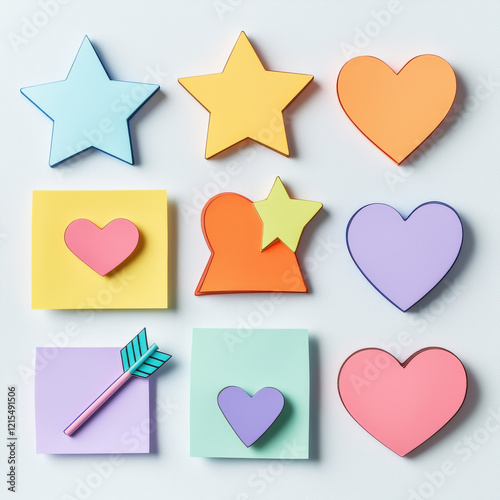 Sticky notes in playful shapes create a vibrant, creative display on a white background photo