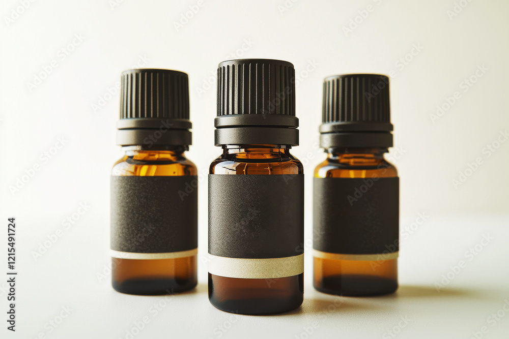 Elegant set of three dark amber essential oil bottles on a clean white background with minimalist labels Elegant set of three dark amber essential oil bottles on a clean white background with minimalist labels
