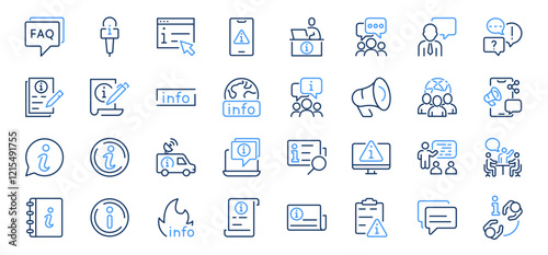Information web line icons. Contains icons instructions, a privacy policy, an info center, manual, rule, guide, reference, help Editable stroke.