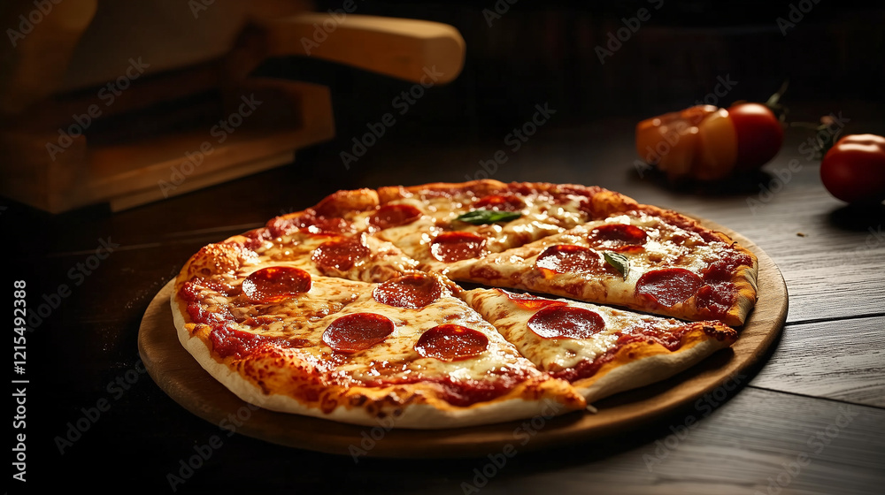 Delicious Pepperoni Pizza Freshly Baked With Toppings on Wooden Background
