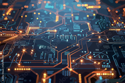 Futuristic Electronic Circuit Board with Glowing Network Connections