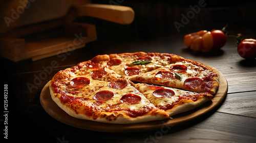 Obraz na płótnie Delicious Pepperoni Pizza Freshly Baked With Toppings on Wooden Background w salonie