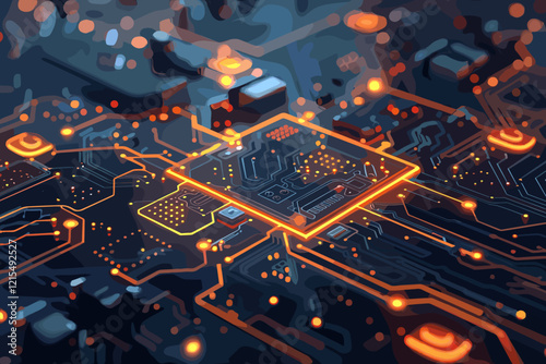 Futuristic Electronic Circuit Board with Glowing Network Connections