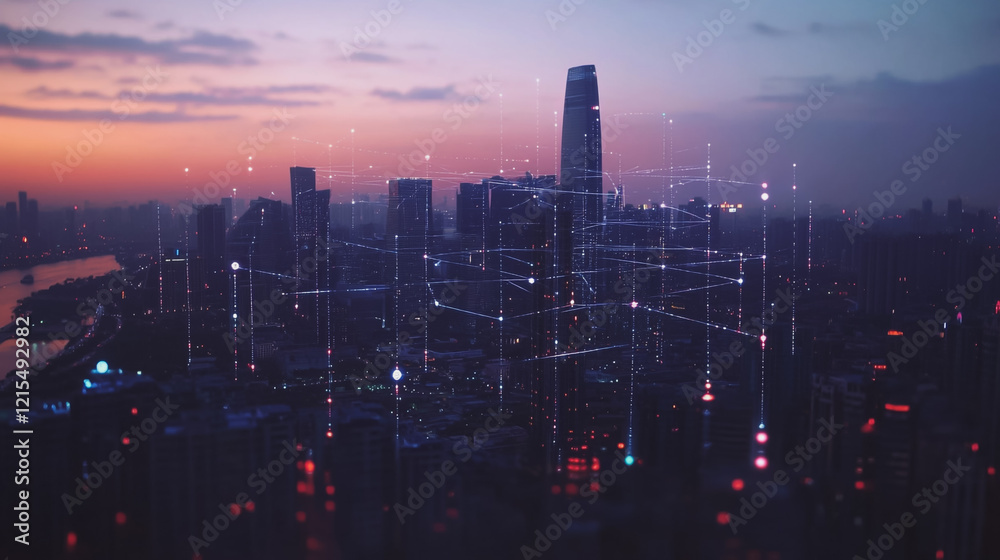 Fototapeta premium Smart digital Innovation city with connection network reciprocity over the twilight cityscape. of future smart wireless digital city and social media networking systems that connects people with city