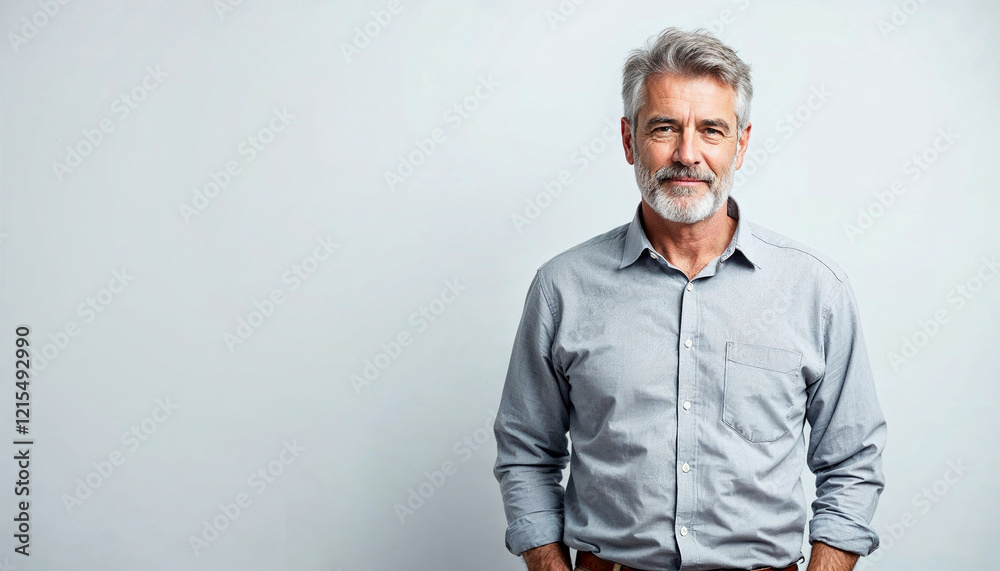 Obraz premium Confident middle-aged man with gray hair stands against a light background.