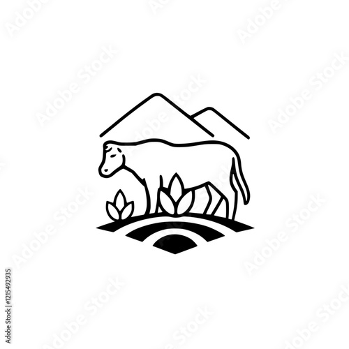 Serene Cow in Mountain Pasture: A captivating image of a cow peacefully grazing in a picturesque mountain pasture, showcasing the beauty of rural landscapes and the tranquility of nature.