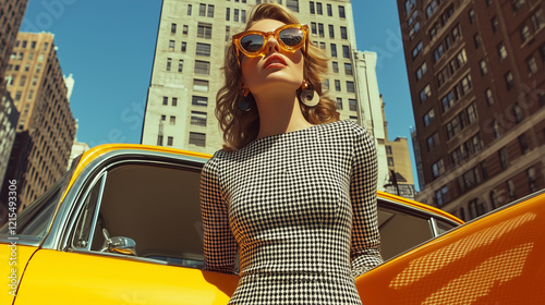 Stylish Woman in Cityscape with Vintage Yellow Car and Chic Sunglasses photo