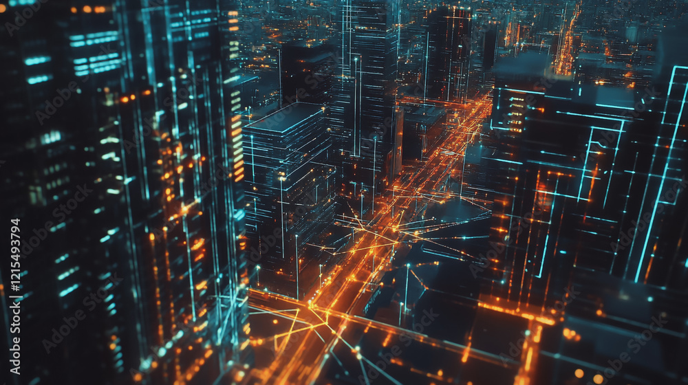 Obraz premium Smart digital Innovation city with connection network reciprocity over the twilight cityscape. of future smart wireless digital city and social media networking systems that connects people with city