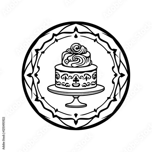 A delectable cake, exquisitely decorated, sits on a cake stand within an ornate circular frame. This image is perfect for bakeries, dessert shops, and culinary blogs.
