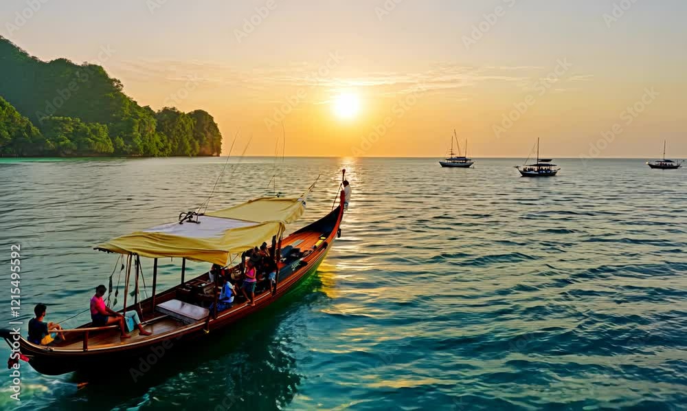 sunset serenity on the Andaman Sea: tourists aboard a long tail boat sunset serenity on the Andaman Sea: tourists aboard a long tail boat