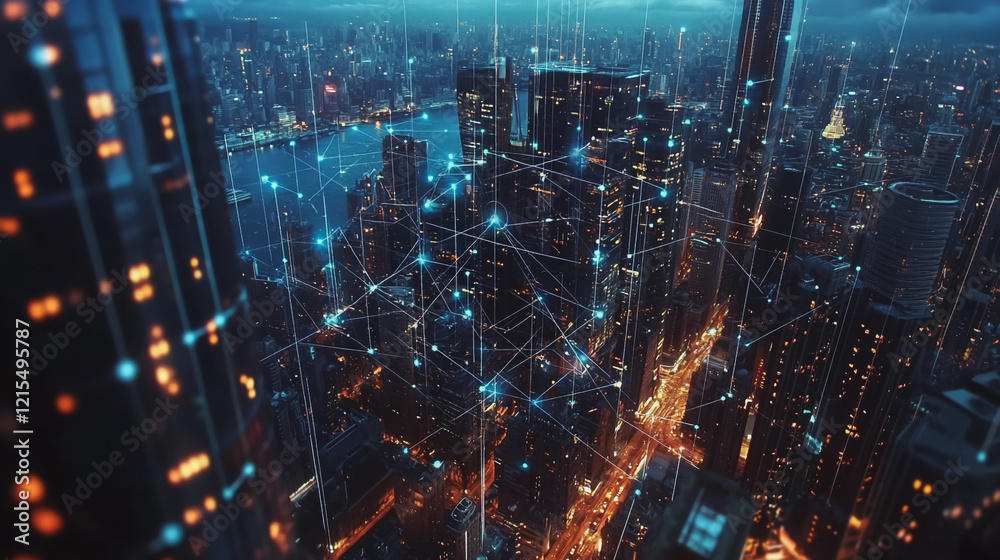 Fototapeta premium Smart digital Innovation city with connection network reciprocity over the twilight cityscape. of future smart wireless digital city and social media networking systems that connects people with city