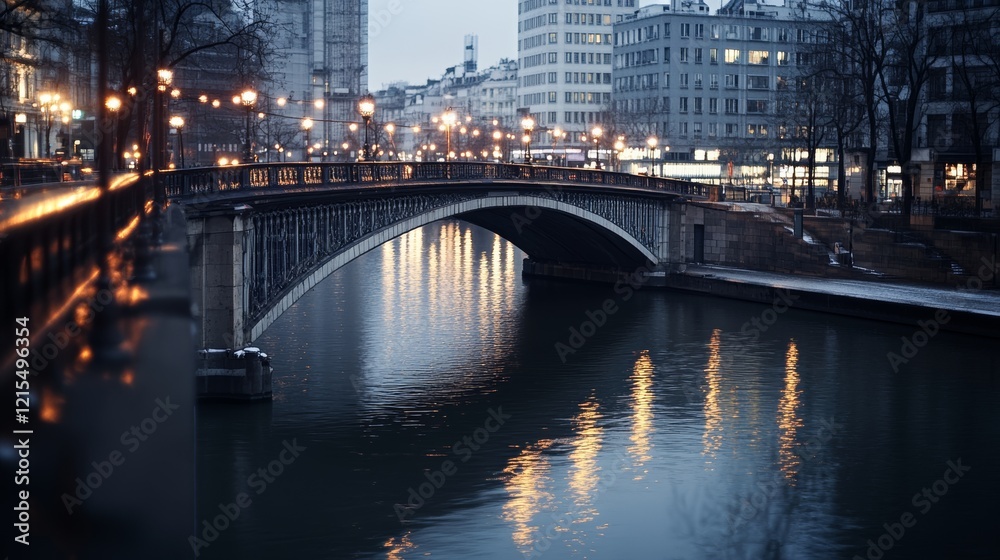 A serene city bridge is illuminated by soft twilight and sparkling streetlights, reflecting elegantly on the calm river below. A serene city bridge is illuminated by soft twilight and sparkling streetlights, reflecting elegantly on the calm river below.