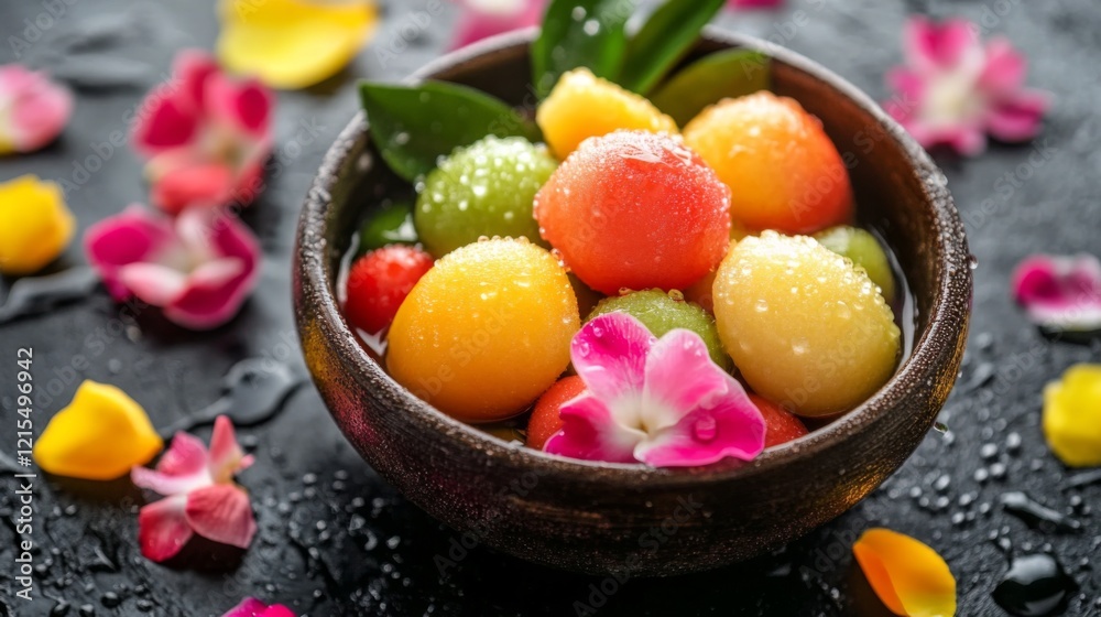 Fresh tropical fruits with water droplets, surrounded by colorful petals, celebrating Thai Songkran Festival's vibrant and festive spirit. Fresh tropical fruits with water droplets, surrounded by colorful petals, celebrating Thai Songkran Festival's vibrant and festive spirit.