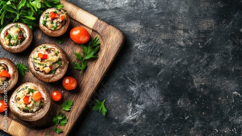 Stuffed mushrooms with cheese, herbs, and cherry tomatoes on wooden board