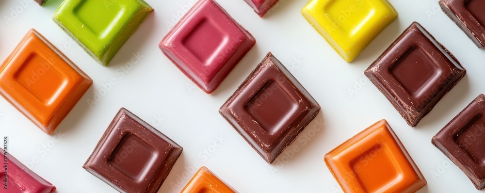 Fototapeta premium Assorted colorful chocolate squares arranged on a white background