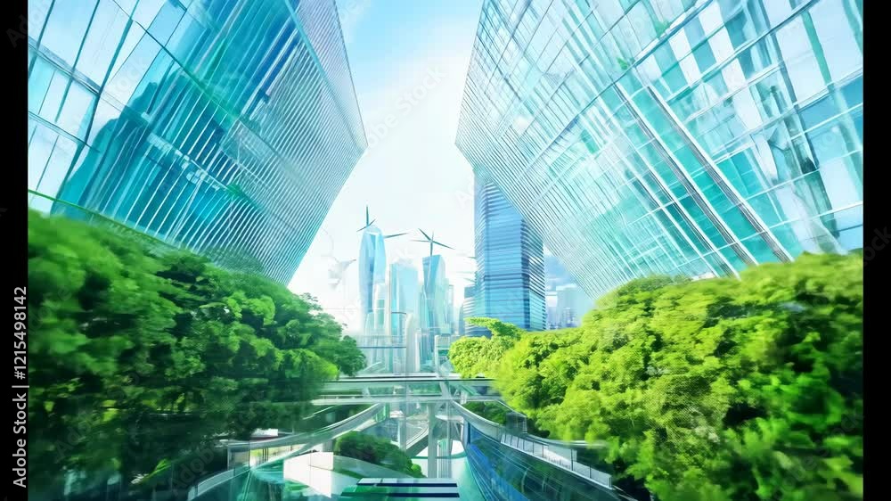 Modern sustainable city featuring eco-friendly architecture and renewable energy sources
