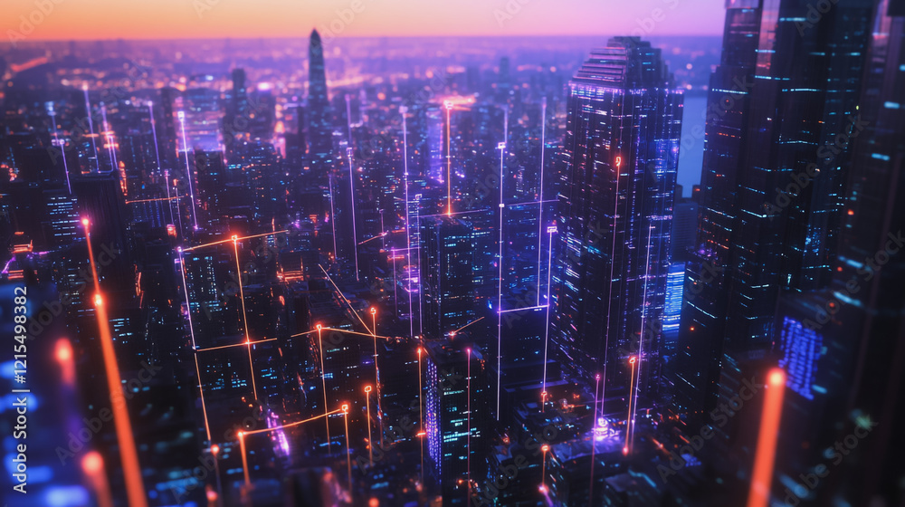 Smart digital Innovation city with connection network reciprocity over the twilight cityscape. of future smart wireless digital city and social media networking systems that connects people with city Smart digital Innovation city with connection network reciprocity over the twilight cityscape. of future smart wireless digital city and social media networking systems that connects people with city