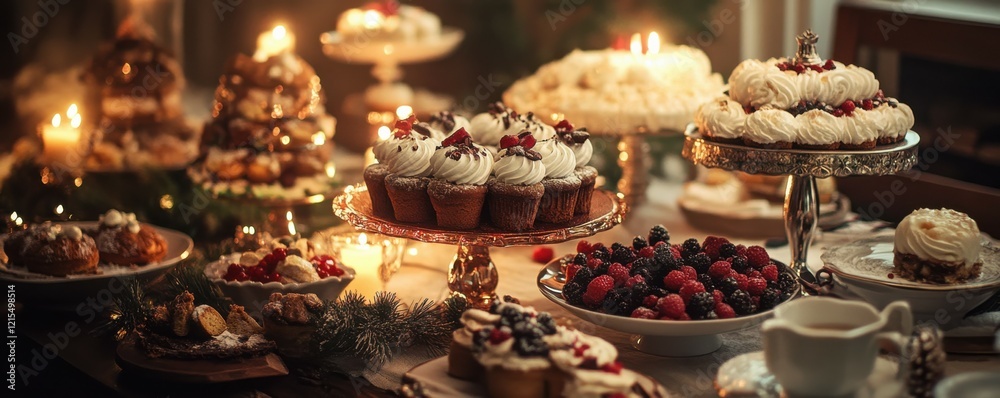 Festive holiday dessert table with cakes, cupcakes, and berries Festive holiday dessert table with cakes, cupcakes, and berries