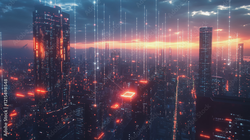 Obraz premium Smart digital Innovation city with connection network reciprocity over the twilight cityscape. of future smart wireless digital city and social media networking systems that connects people with city