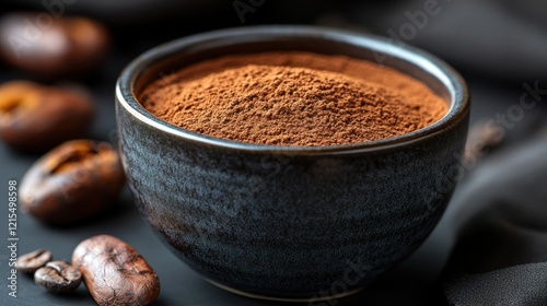 Cocoa powder bowl, beans, dark background, recipe ingredient photo