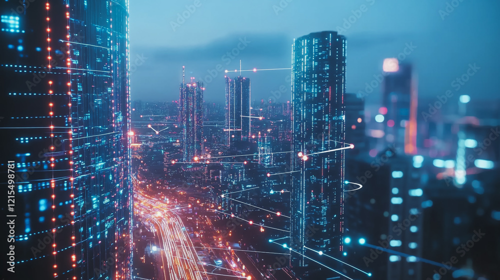 Obraz premium Smart digital Innovation city with connection network reciprocity over the twilight cityscape. of future smart wireless digital city and social media networking systems that connects people with city