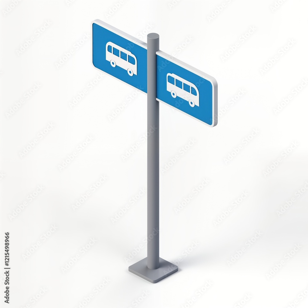 Isometric view of double-sided bus stop sign. Signpost two rectangular blue panels with white bus icons. Directional bus stop sign. Modern city design for transit. Useful for public transport Isometric view of double-sided bus stop sign. Signpost two rectangular blue panels with white bus icons. Directional bus stop sign. Modern city design for transit. Useful for public transport
