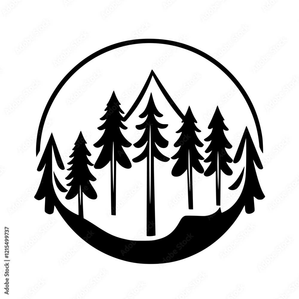 Obraz premium Majestic Mountain and Pine Forest Landscape: A Minimalist Black and White Nature Illustration