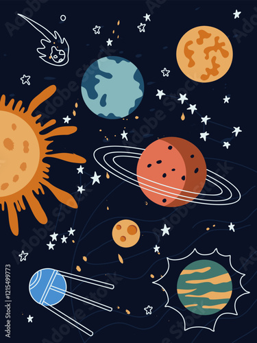 Solar system. Planets in space. Funny space themed illustration. Suitable for printing on fabric, textile, paper.