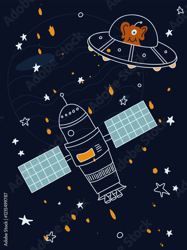 Satellite among the stars. UFO in space. Funny space themed illustration. Suitable for printing on fabric, textile, paper.